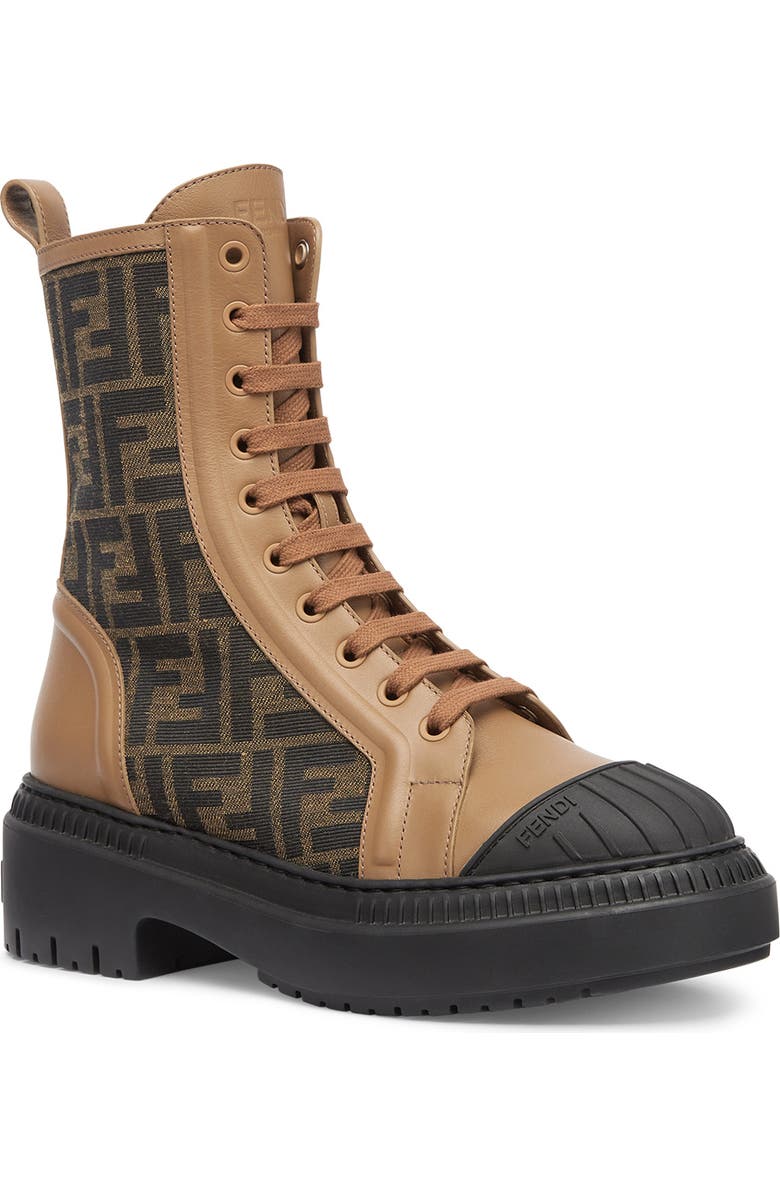 Fendi FF Domino Cap Toe Combat Boot, Alternate, color, Tabacco Nero/ Sand