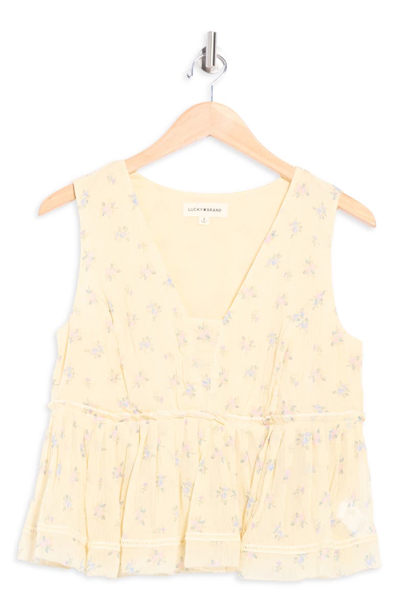Lucky Brand Ruched V-Neck Ruffle Tank Top, Alternate, color, Cream Floral