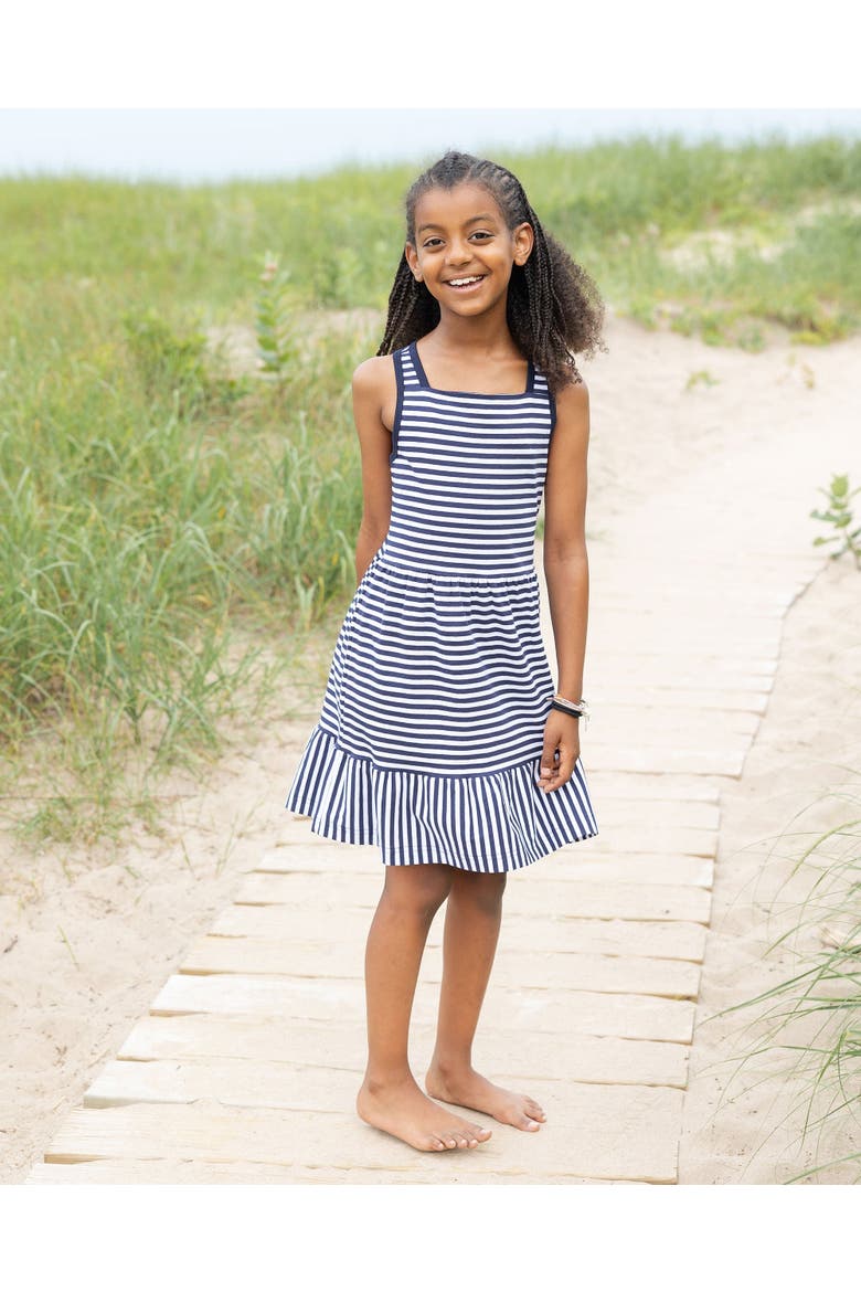 Navy Stripe Knit Dress With Shirred Skirt, Alternate, color, Navy / White