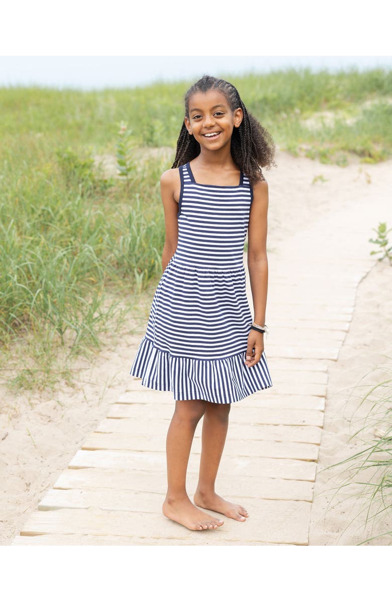 Florence Eiseman Navy Stripe Knit Dress With Shirred Skirt, Alternate, color, Navy / White