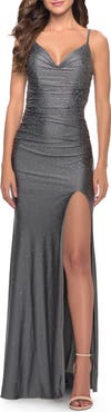 La Femme Rhinestone Jersey Dress with Slit and Ruching