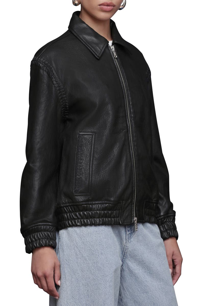 Avec Les Filles Leather Bomber Jacket with Embroidered Trim, Alternate, color, Black
