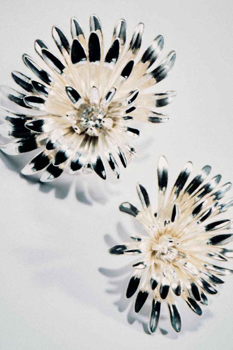 Asymmetric Abstract Floral Earrings, Alternate, color, SILVER