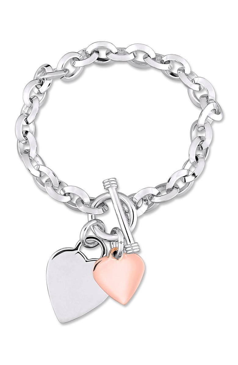 DELMAR Sterling Silver Oval Link Pink & White Heart Charm Bracelet, Main, color,