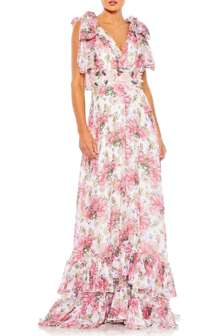 Ruffle Floral Print Chiffon Gown, Main, color, WHITE MULTI