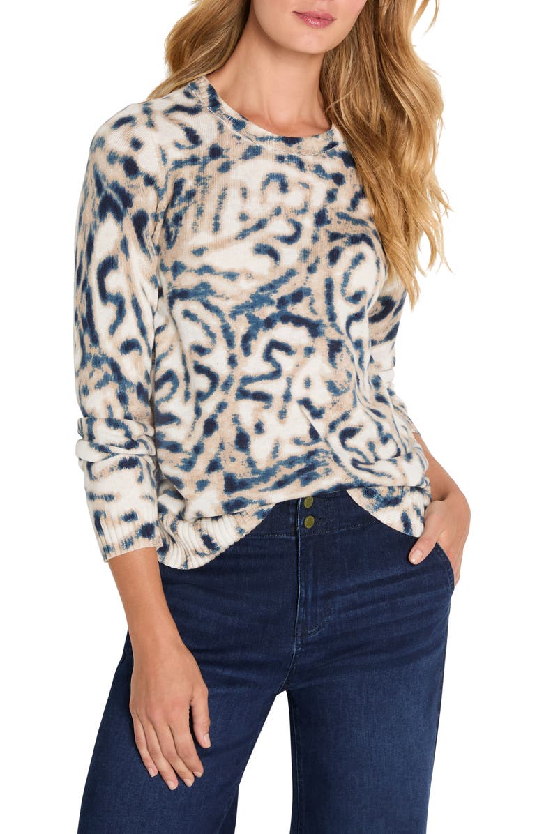 NIC+ZOE Supersoft Blurry Leaf Print Sweater, Main, color, Indigo Multi