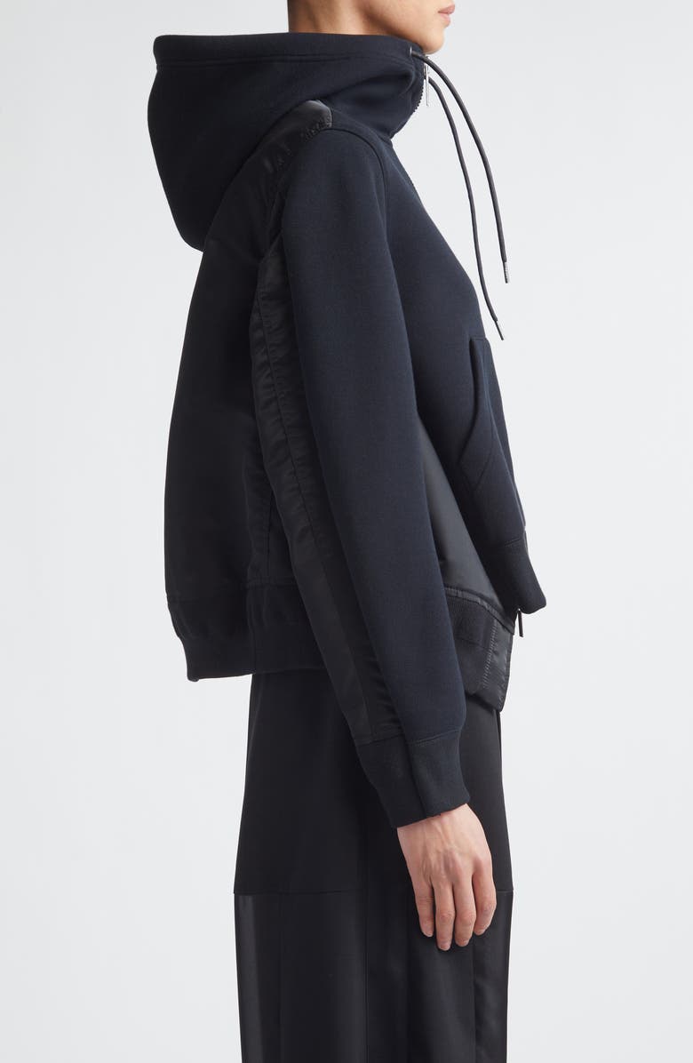 Sacai Sponge Sweat x Nylon Twill Full Zip Hoodie, Alternate, color, Black