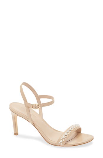 Stuart Weitzman Dancer Faux Pearl Sandal In Golden Beige