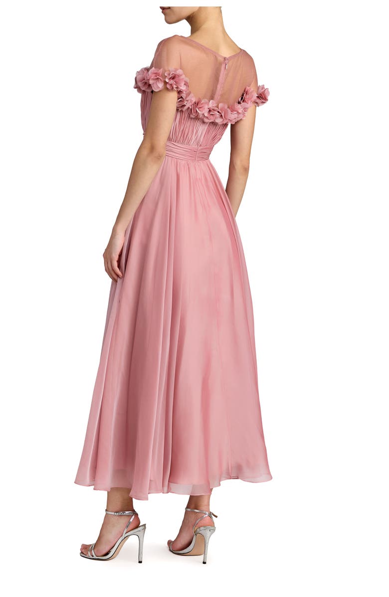 Mac Duggal Chiffon Illusion Neck Midi Dress with 3D Flowers, Alternate, color, Rose Gold