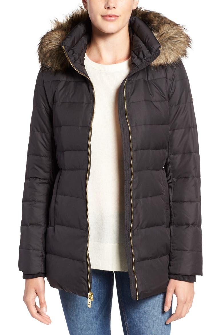 Hooded Down & Feather Fill Coat with Faux Fur Trim, Main, color, BLACK