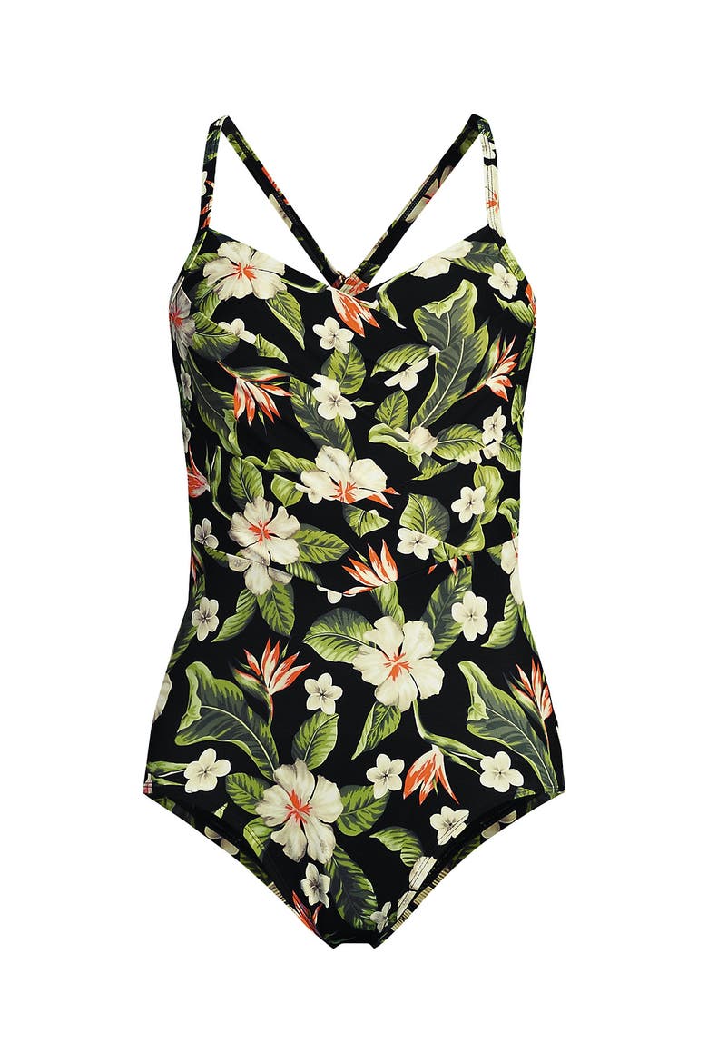 Slender Suit V-neck Pleated X-back One Piece Swimsuit Adjustable Straps, Alternate, color, Hibiscus Floral/Black