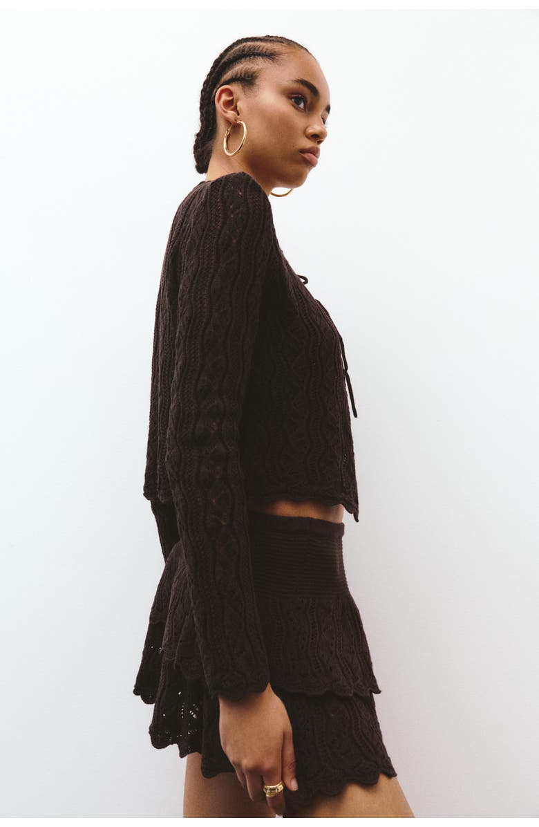 H&M Pointelle-knit tie-front cardigan, Alternate, color, Dark Brown