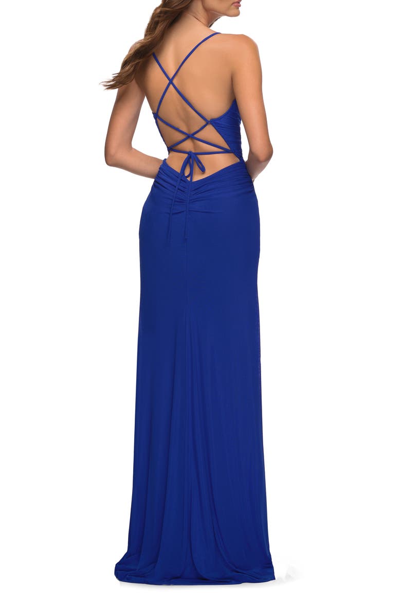 Chic Long Net Jersey Dress with Lace Up Back, Alternate, color, ROYAL BLUE