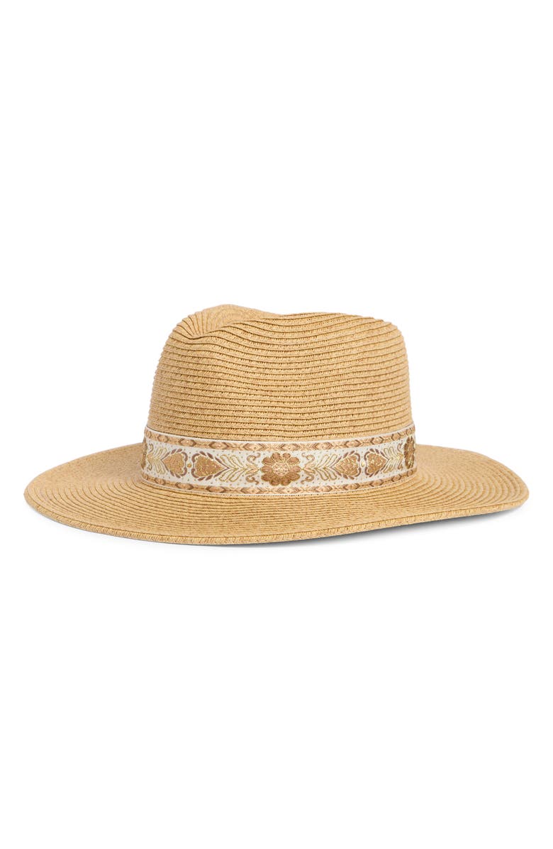 Vince Camuto Metallic Embroidered Band Panama Hat, Main, color, Heather Tan