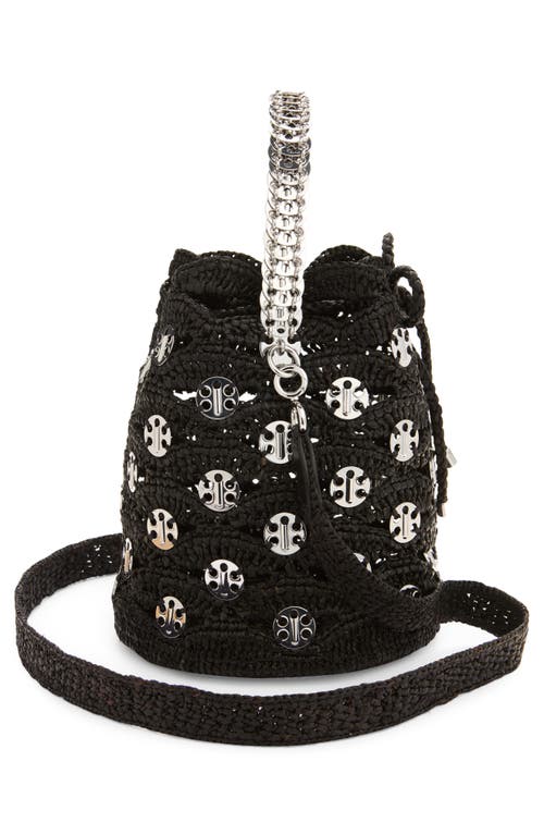 Rabanne Disc Raffia Bucket Bag In Black/silver