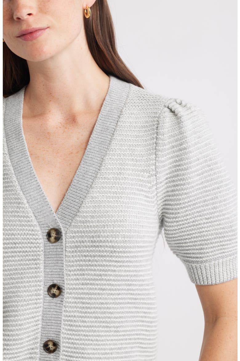 Links Puff Sleeve Wool Blend Cardigan, Alternate, color, GREY HEATHER- IVORY STRIPE