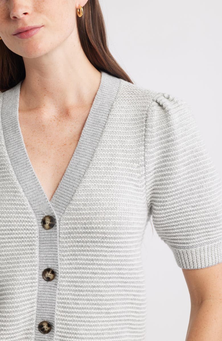 Caslon<sup>®</sup> Links Puff Sleeve Wool Blend Cardigan, Alternate, color, Grey Heather- Ivory Stripe