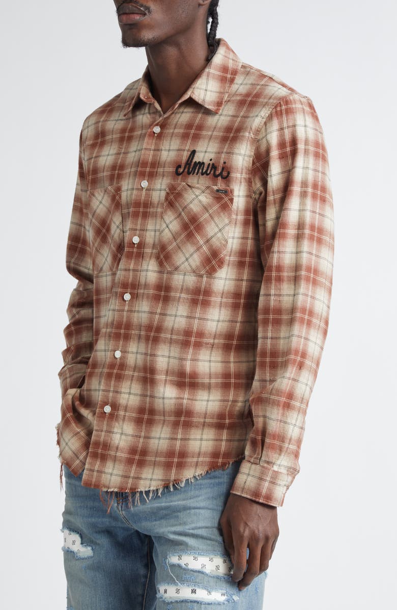 AMIRI Shotgun Distressed Plaid Flannel Button-Up Shirt, Alternate, color, Chocolate