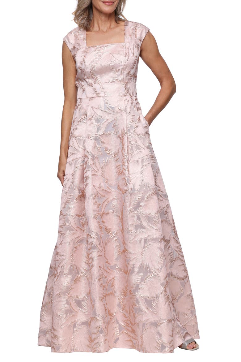 Leaf Print Metallic Jacquard Gown, Main, color, ROSE GOLD