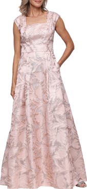 Alex Evenings Leaf Print Metallic Jacquard Gown
