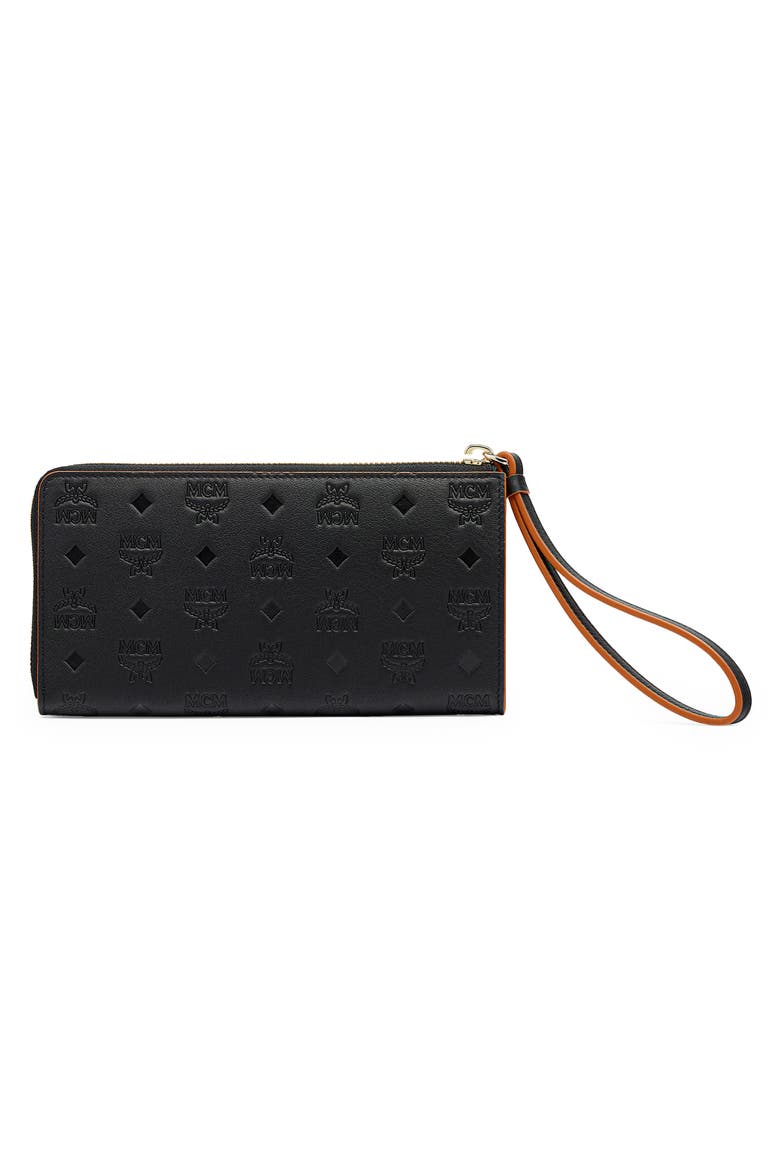 Klara Monogram Leather Zip Wristlet, Alternate, color, BLACK