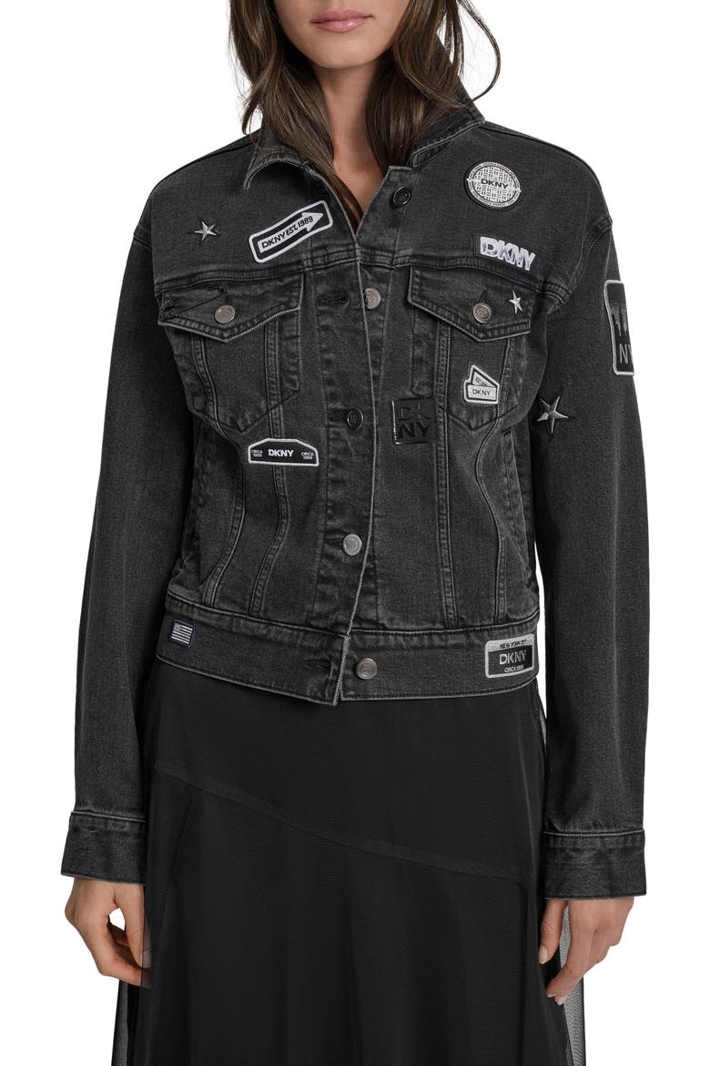 Logo Patch Denim Trucker Jacket, Main, color, BOWERY WASH