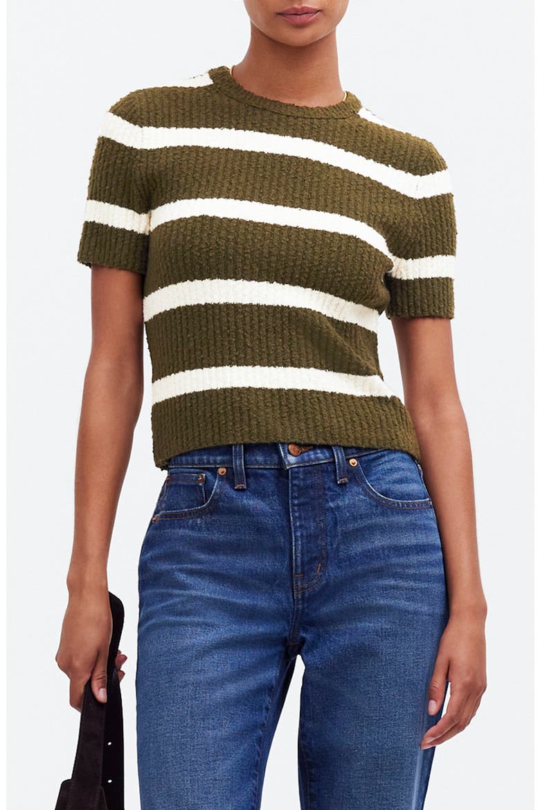 Stripe Bouclé Knit Crewneck Sweater Top, Main, color, EXPEDITION GREEN