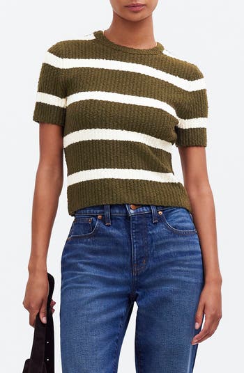 Stripe Bouclé Knit Crewneck Sweater Top