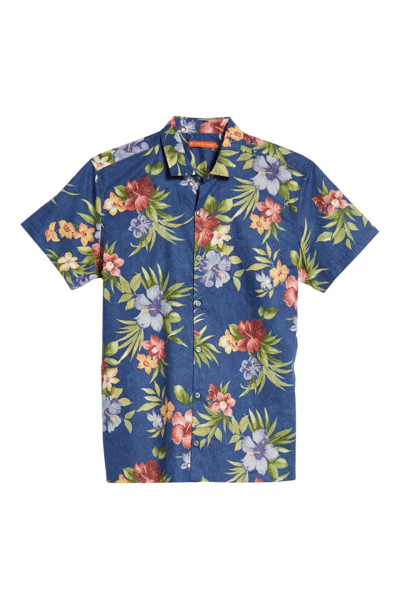 Tropical Filter Trim Fit Camp Shirt, Alternate, color, NAVY