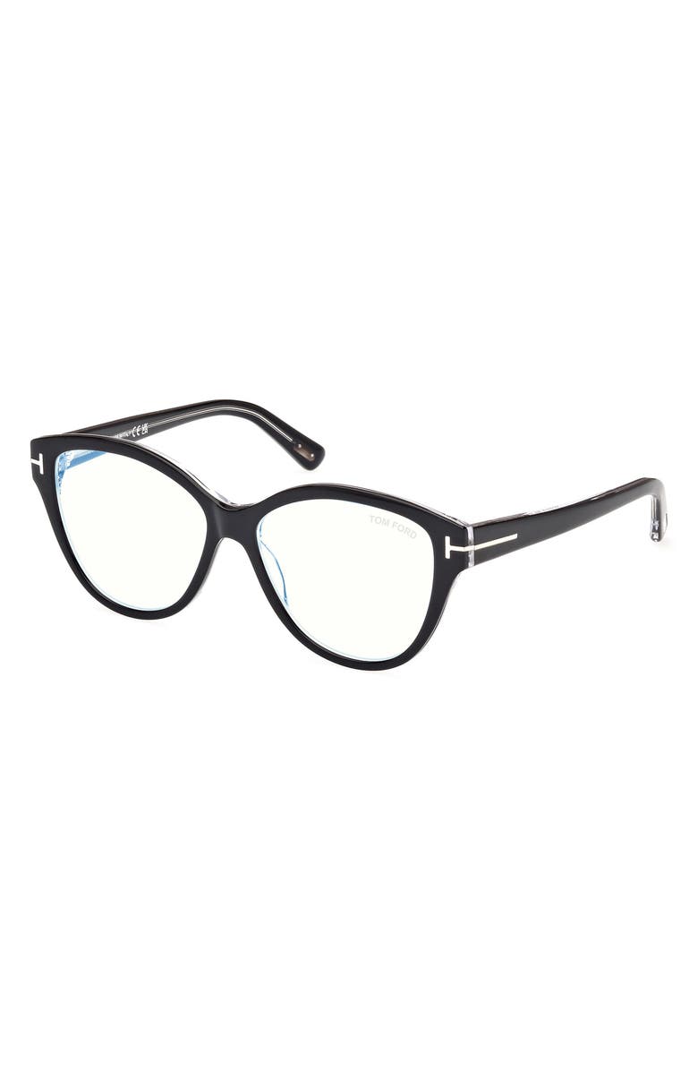 TOM FORD 54mm Cat Eye Blue Light Blocking Optical Glasses, Alternate, color, Black Crystal / T Logo