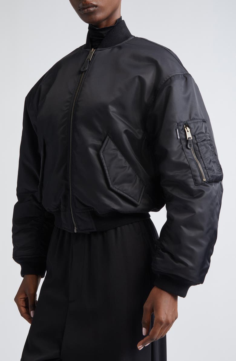 Balenciaga Ruched Sleeve Satin Bomber Jacket, Alternate, color, 1000 Black
