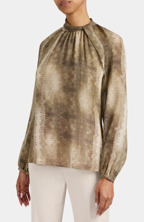 Dakota Mock Neck Printed Blouse with Long Lantern Sleeves