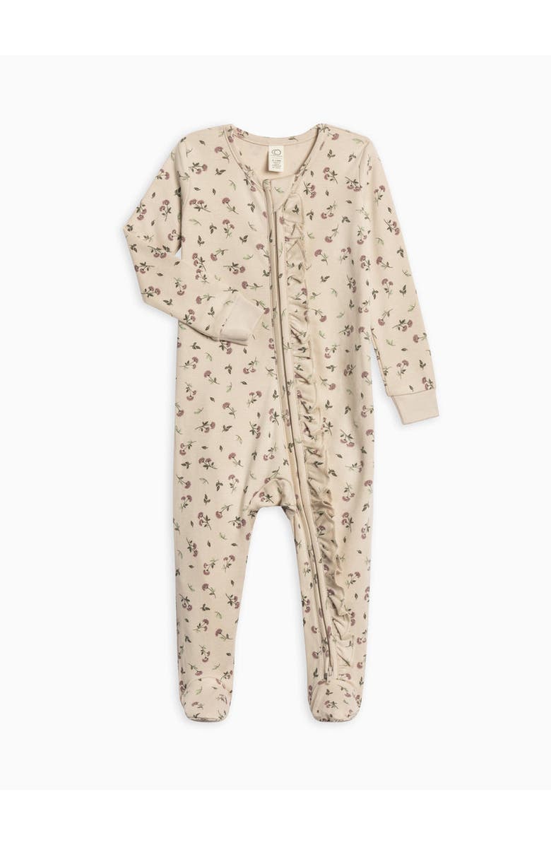Colored Organics Organic Cotton Neve Ruffle Zipper Footie, Main, color, Betty Floral / Purple + Olive