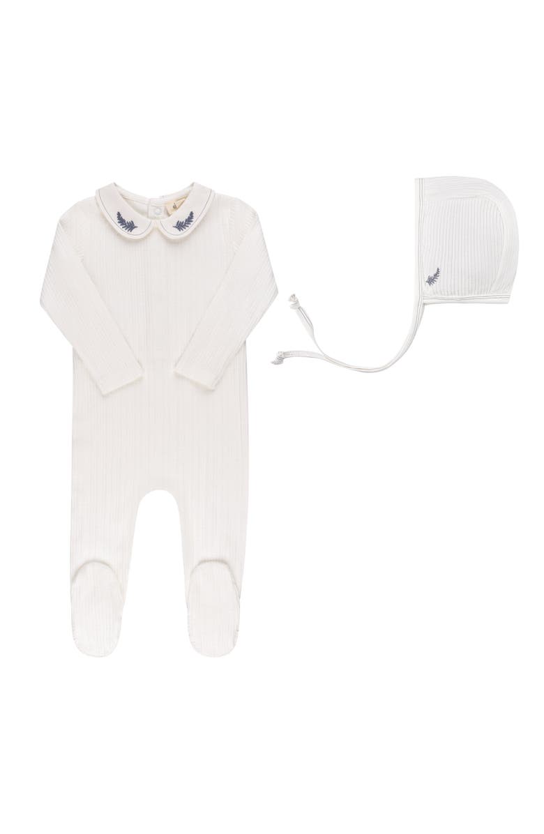 Ely's & Co. Organic Cotton Embroidered Collar Collection - Footie + Bonnet, Main, color, Ivory Leaf