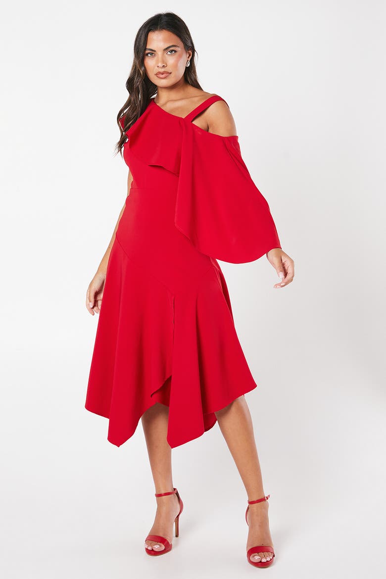 One Shoulder Ruffle Crepe Midi Dress, Main, color, Red