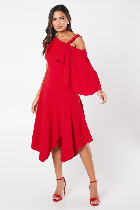 One Shoulder Ruffle Crepe Midi Dress