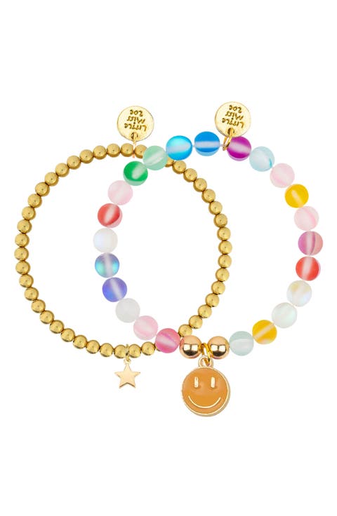 Rainbow Glass Moonstone and Delicate Gold Bracelet Set