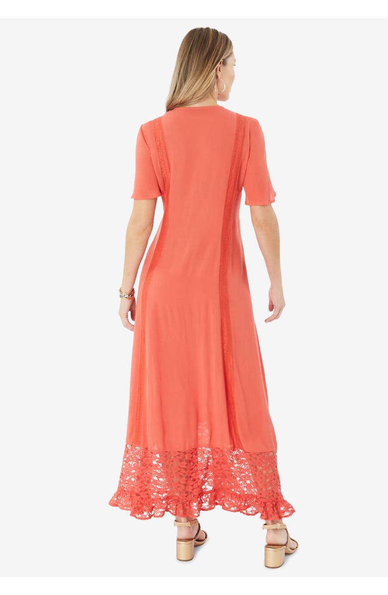 Roaman's Hand-Crinkled Lace-Panelled Boho Dress, Alternate, color, Dusty Coral
