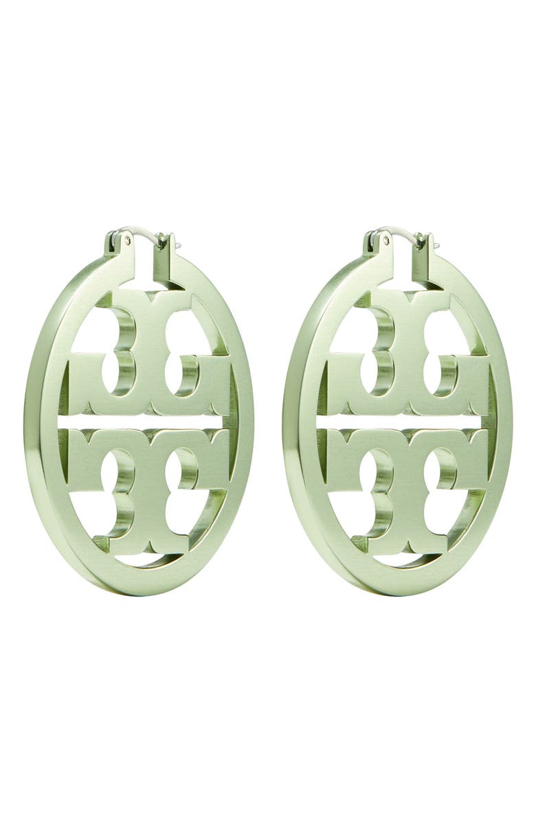 Tory Burch Miller Hoop Earrings, Main, color, Tory Silver / Mint Green