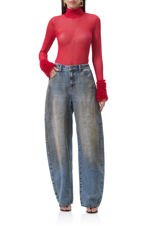 Afrm Helena Ruffle Trim Long Sleeve Mesh Shirt In Red