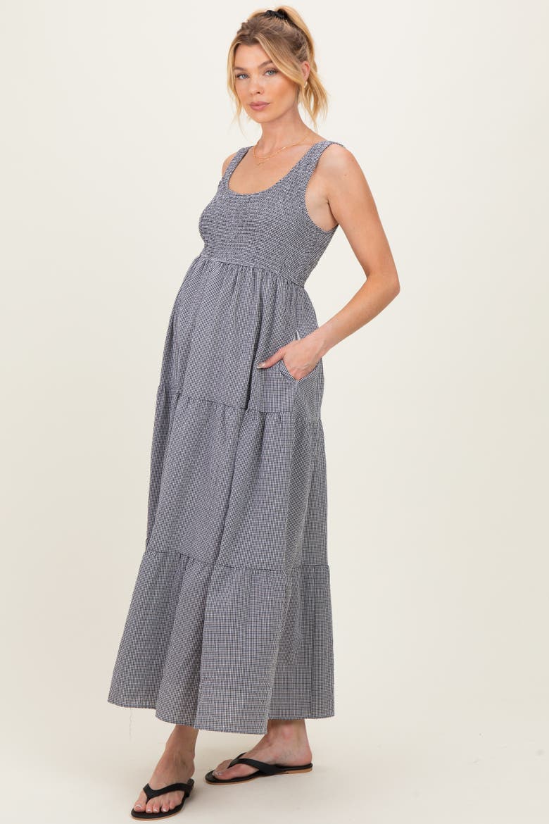 Gingham Smocked Bodice Maxi Dress, Alternate, color, Black