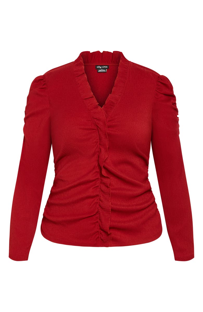City Chic Anika Ruffle Trim Ruched Top, Alternate, color, Bordeaux