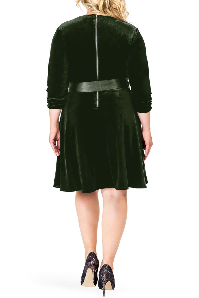 Millie V-Neck Stretch Velvet Fit & Flare Dress, Alternate, color, GREEN