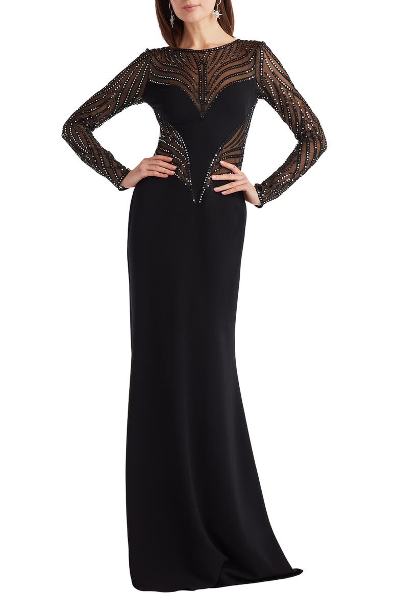 Tadashi Shoji Sequin Mesh Long Sleeve Gown, Alternate, color, Black/ Silver
