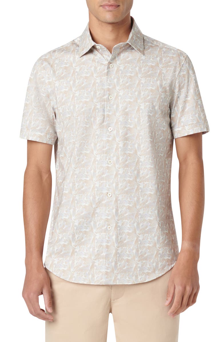 Bugatchi Miles OoohCotton<sup>®</sup> Leaf Print Short Sleeve Button-Up Shirt, Main, color, 