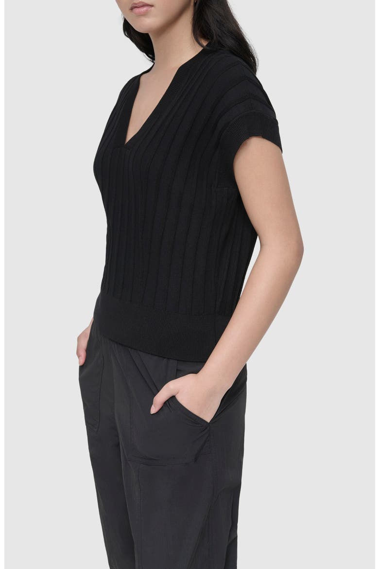 Rib Short Sleeve Sweater, Alternate, color, BLACK