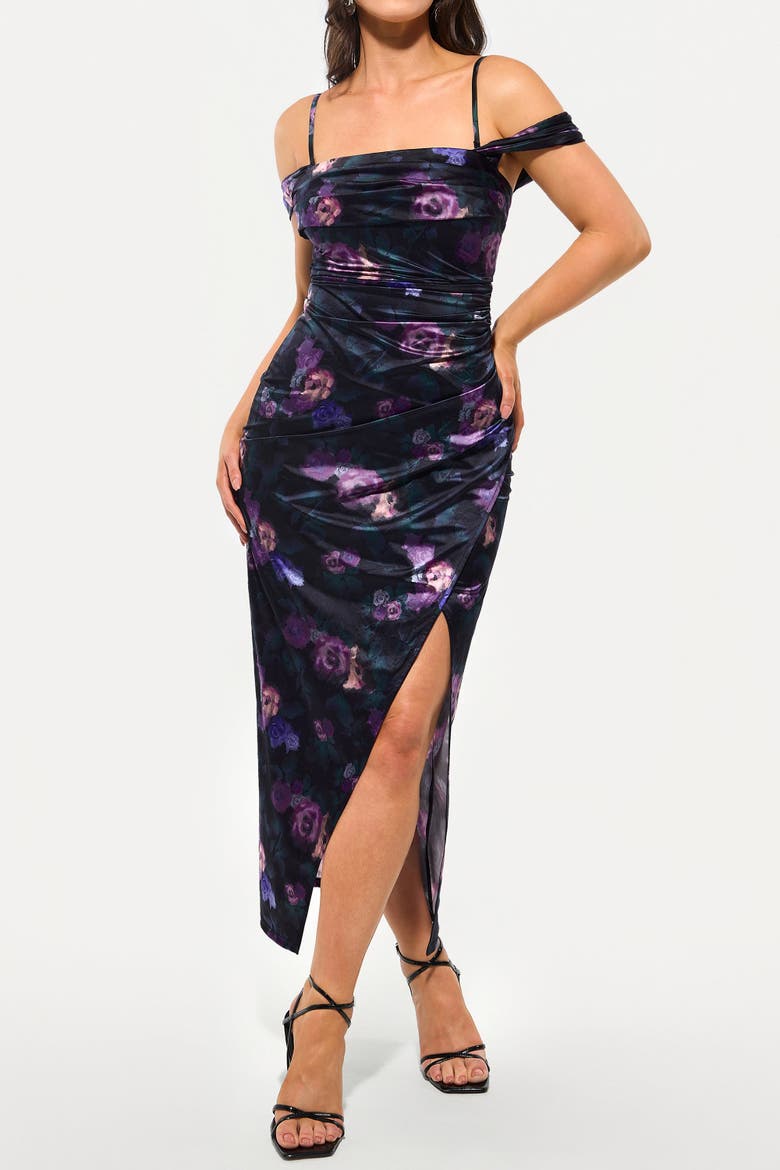 Liquid Metallic Fabric Off Shoulder Shine Ruched Sculpting Maxi Shapewear Dress, Alternate, color, Flora
