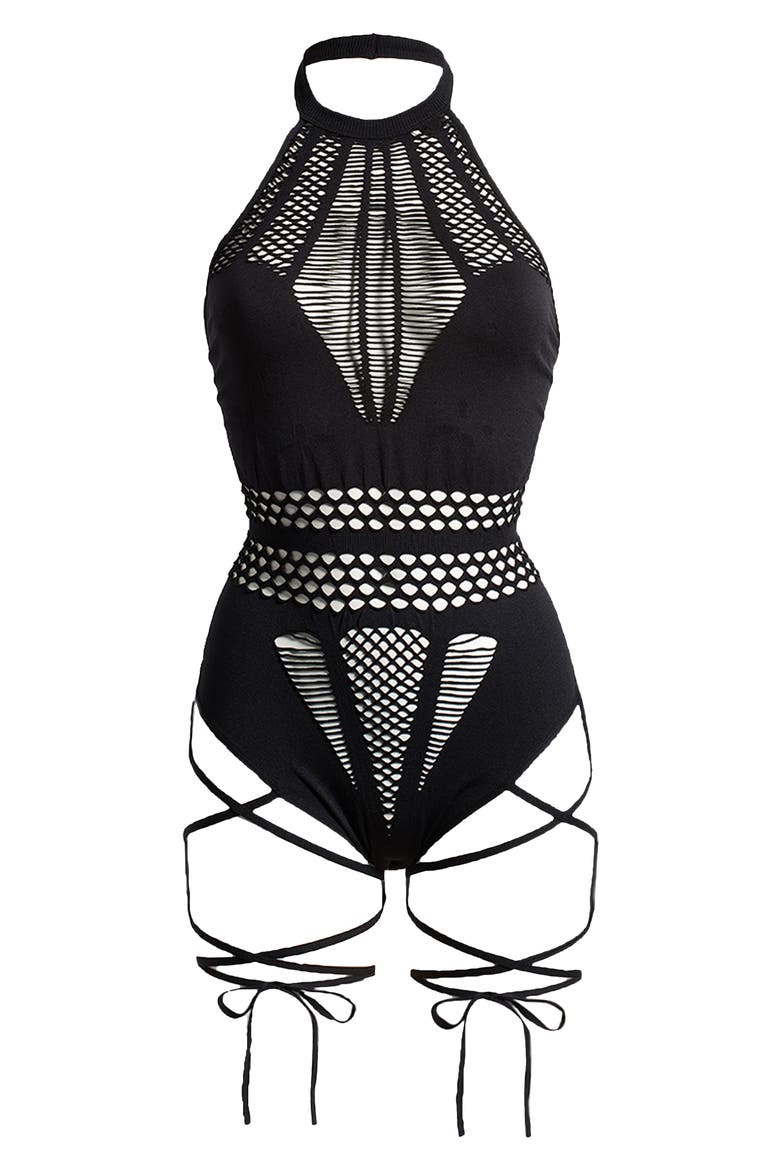 Set Me Free Sleeveless Lace-Up Fishnet Teddy, Alternate, color, BLACK