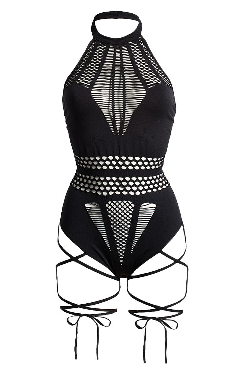 Hauty Set Me Free Sleeveless Lace-Up Fishnet Teddy, Alternate, color, Black