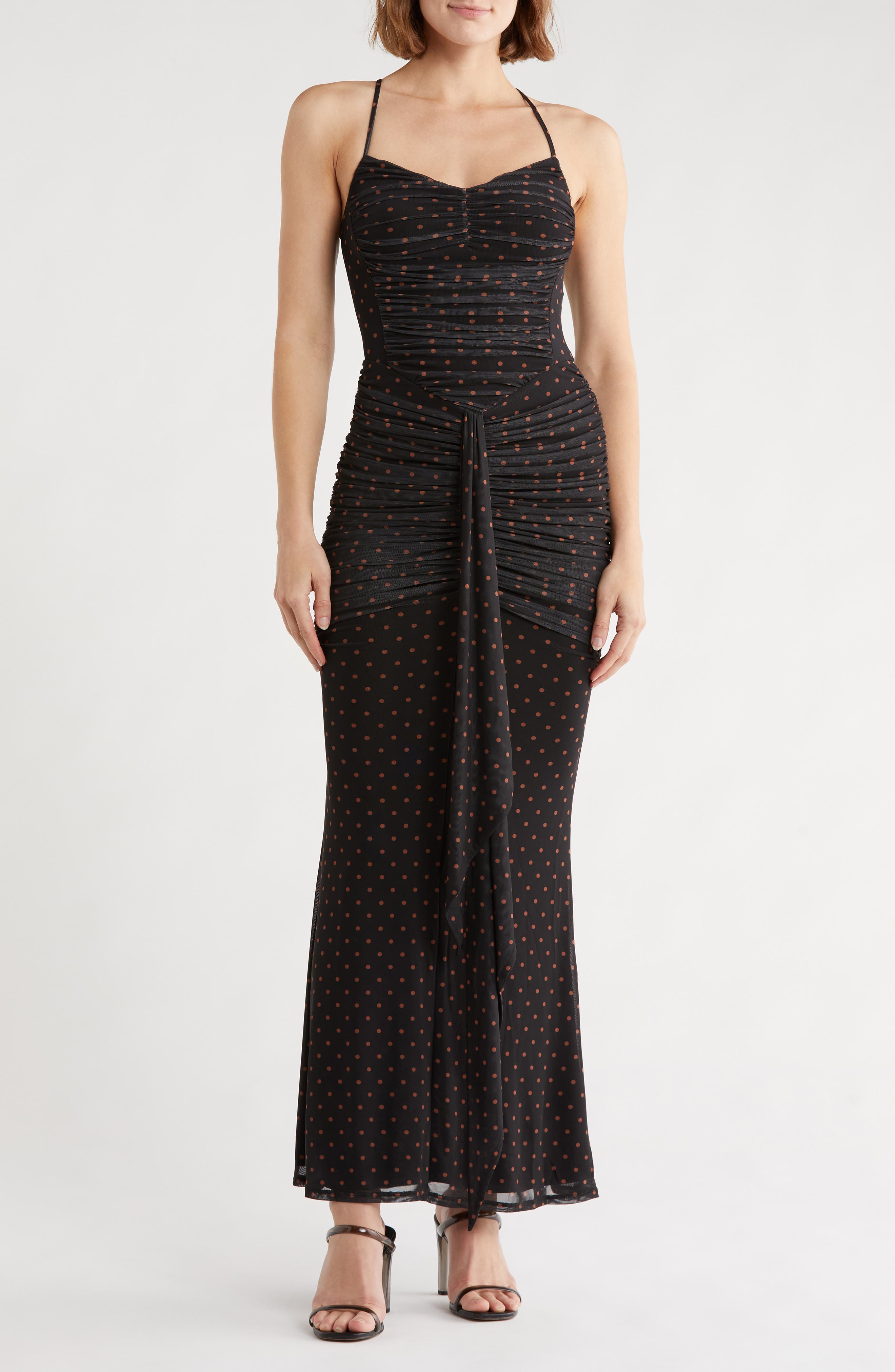 afrm azula halter ruched maxi dress Mesh Body-Con (Women) Ruched mesh fabric with